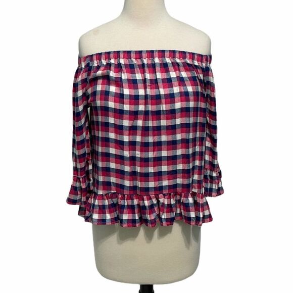 Jane & Delancey Blouse Picnic Pleasant Plaid Off The Shoulder Top Red Small - Picture 1 of 10